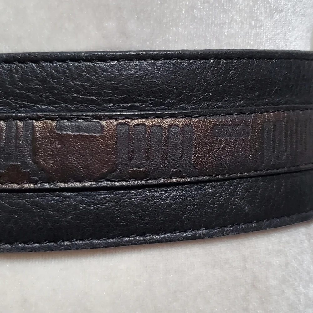 70s Vintage Land Black Copper Aztec Leather Brass Buckle Boho Statement Belt S